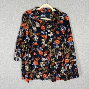Simply Emma Blouse Womens 1X Navy Floral Chiffon Collar Long‎ Sleeve Roll Tab